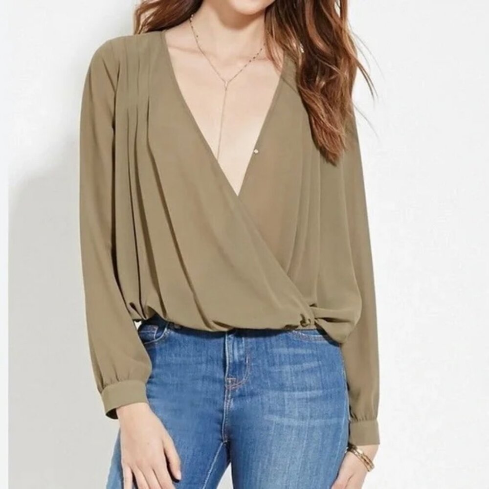 Forever 21 Olive Green Surplice-Front Pleated Blouse